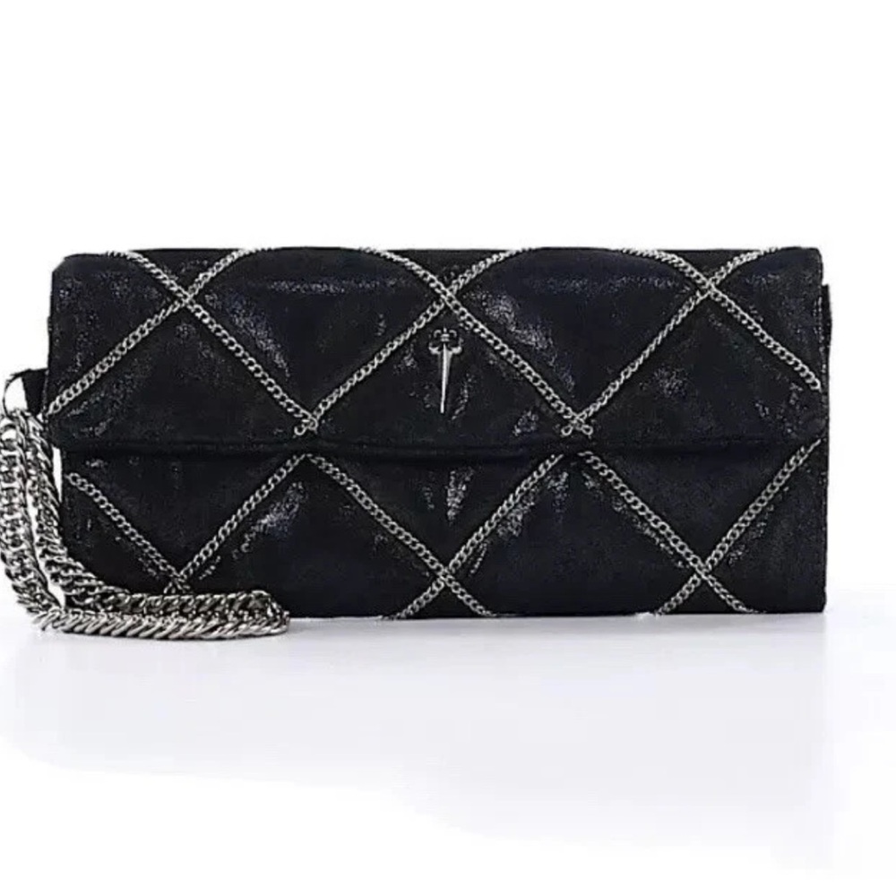 Faith Connexion Clutch Wristlet Black Leather With Chain Detail